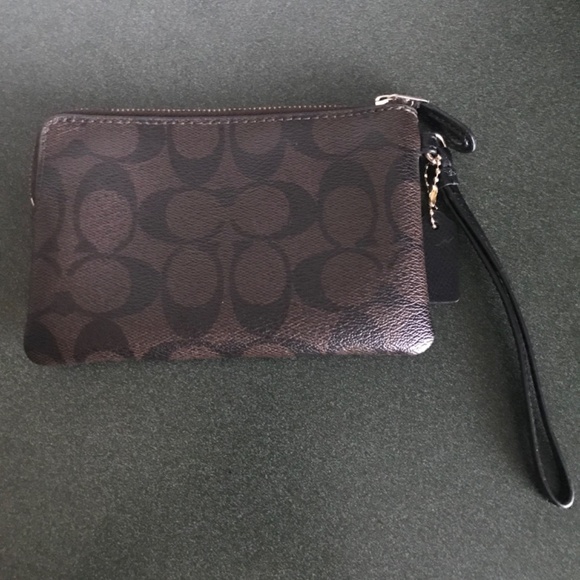 Coach Corner Zip Wristlet in Signature Coated Canvas Leather Stripe Brown/Black - Picture 9 of 16